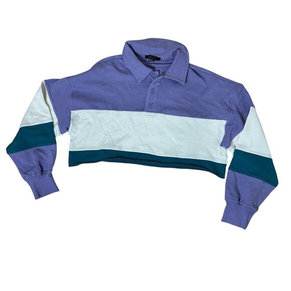 NWT FOREVER 21 Cropped Rugby Stripe Collared Sweatshirt Size Medium - Picture 1 of 8